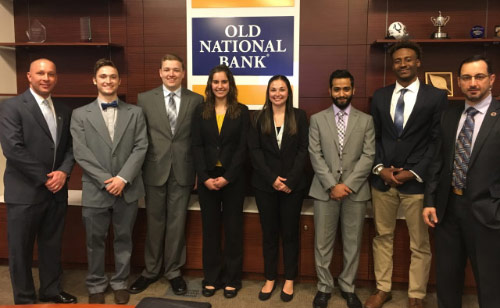 Ace3 Finalists standing in front of the Old National Bank logo