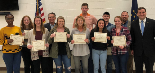 Pictured from left to right: Eileen Rasmussen, Jordan Buechler, Mayor Lloyd Winnecke, Maddie Cleland, Mackeznie Kochell, Matthew Ladd, Siera Pagan, Hunter King, Sabrina Lux, EPD Chief Billy Bolin, and Vanderburgh County Prosecutor Nick Herman. Not pictured but graduating from the Academy are Olivia Gardner, Owen Gogarty, Tattenai Hall, and Hunter Sandage.