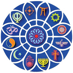 Festival of Faiths Badge containing multiple faith symbols.