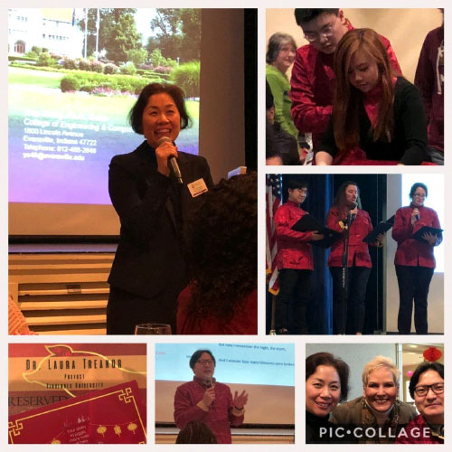 Collage of photos of Ying Shang speaking on stage.