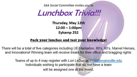 Poster for SAA Lunchbox Trivia with information about trivia.